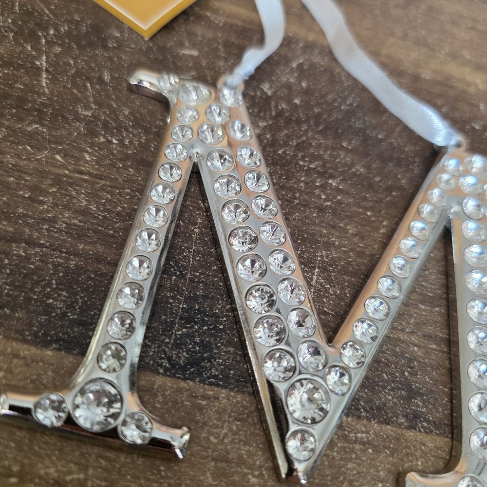 St Nicholas Square Silver Rhinestone Letter "M" Christmas Ornament Decoration - Picture 2 of 7